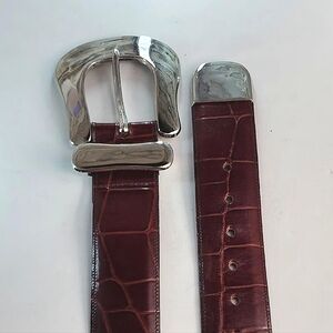 Joan & David Silver Buckle Brown Croc-Embossed Belt